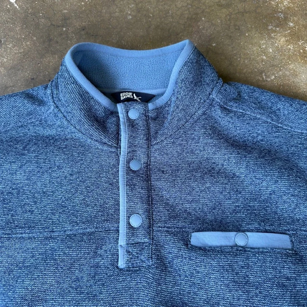 Eddie Bauer Fleece Pullover Mens Large Blue Excellent Heathered Snap Mock Neck